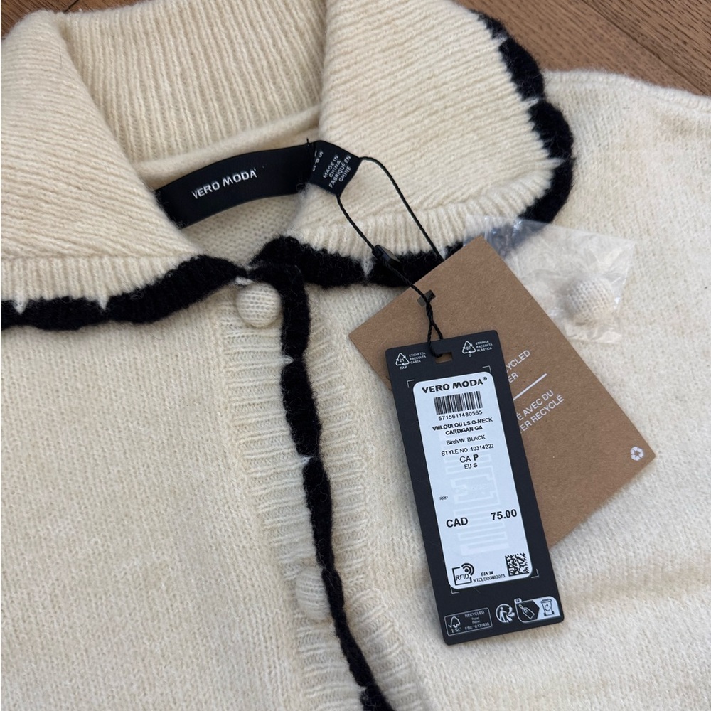 Vero Moda LouLou Cardigan With Contrast Detail - Cream & Black - Size S - NWT - Picture 4 of 12